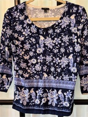 Talbots Navy Floral & Bird Scoop Neck Long (3/4) Sleeve Top